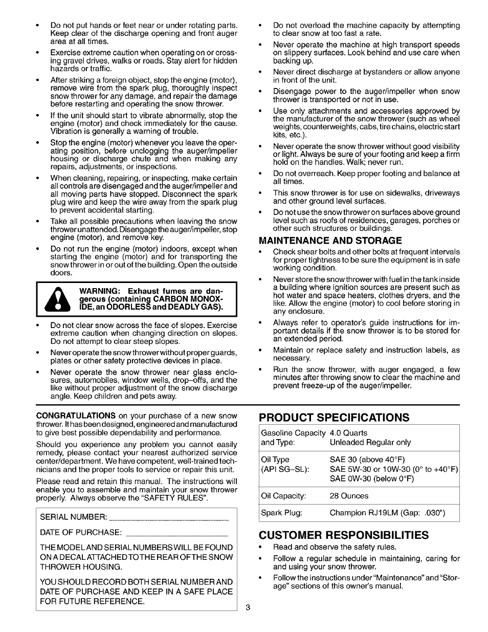 Maintenance and storage, Product specifications, Customer | Husqvarna 10527STE User Manual | Page 3 / 32