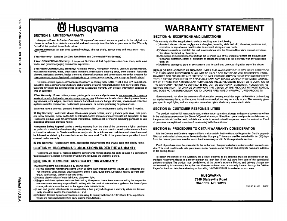 Section 1: umited warranty, Section 3; items not covered by this warranty, Warranty statement | Section 4: exceptions and limitations, Section 5: customer responsibilities, Customer responsibilities, Husqvarna | Husqvarna 10527STE User Manual | Page 32 / 32