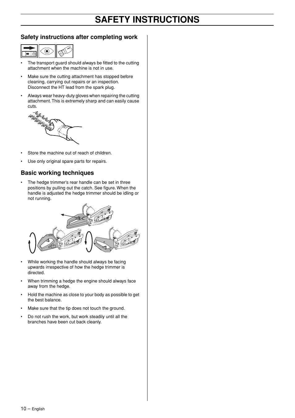 Safety instructions after completing work, Basic working techniques, Safety instructions | Husqvarna 326HD75 User Manual | Page 10 / 24