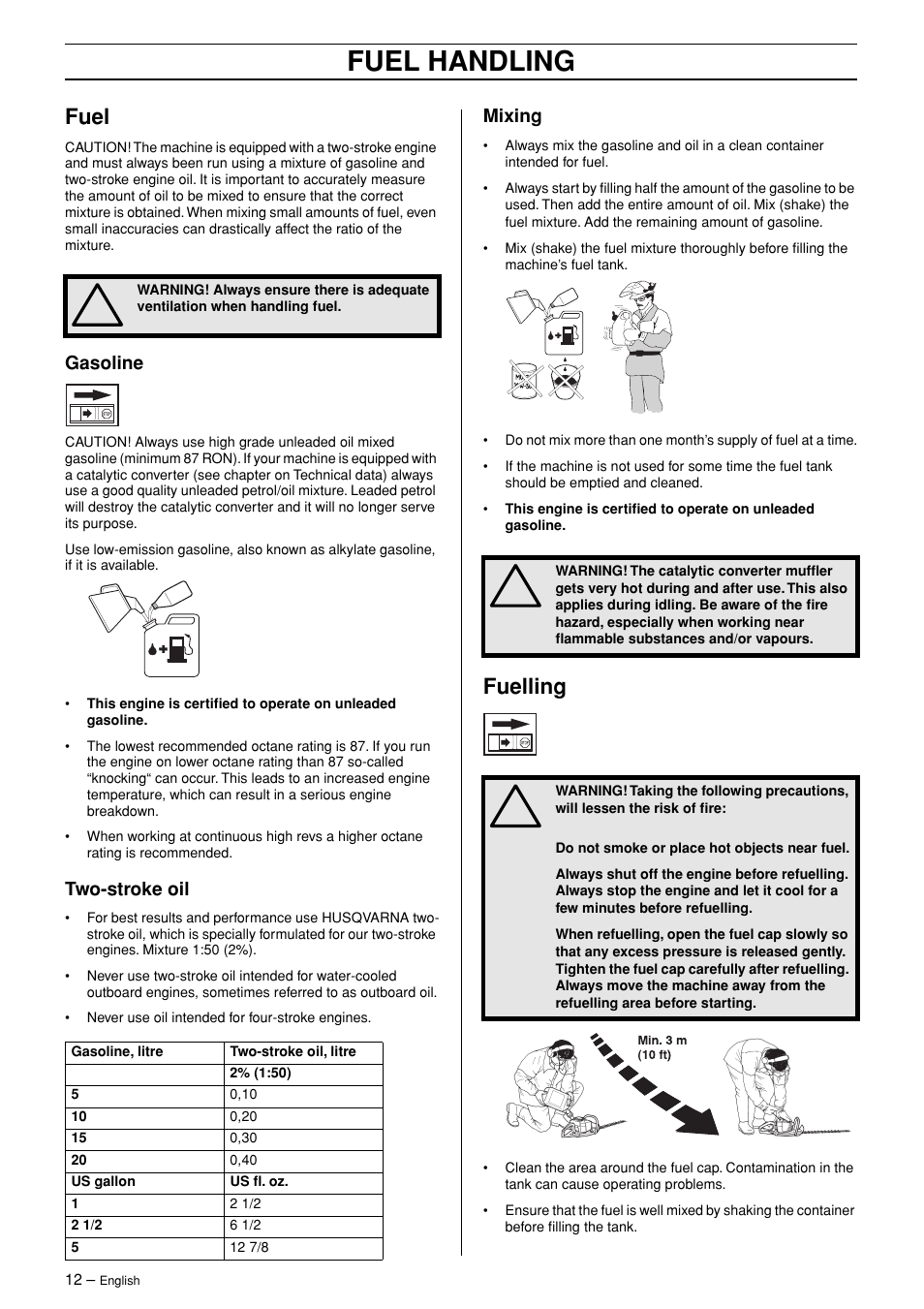 Fuel, Gasoline, Two-stroke oil | Mixing, Fuelling, Fuel handling | Husqvarna 326HD75 User Manual | Page 12 / 24