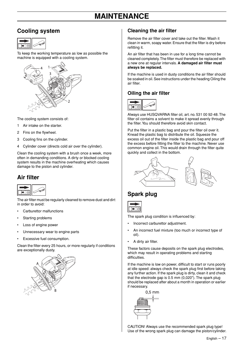 Cooling system, Air filter, Cleaning the air filter | Oiling the air filter, Spark plug, Maintenance | Husqvarna 326HD75 User Manual | Page 17 / 24
