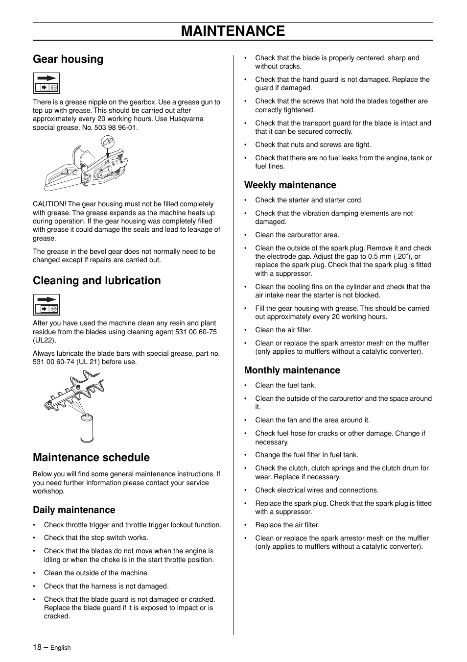 Gear housing, Cleaning and lubrication, Maintenance schedule | Daily maintenance, Weekly maintenance, Monthly maintenance, Maintenance | Husqvarna 326HD75 User Manual | Page 18 / 24