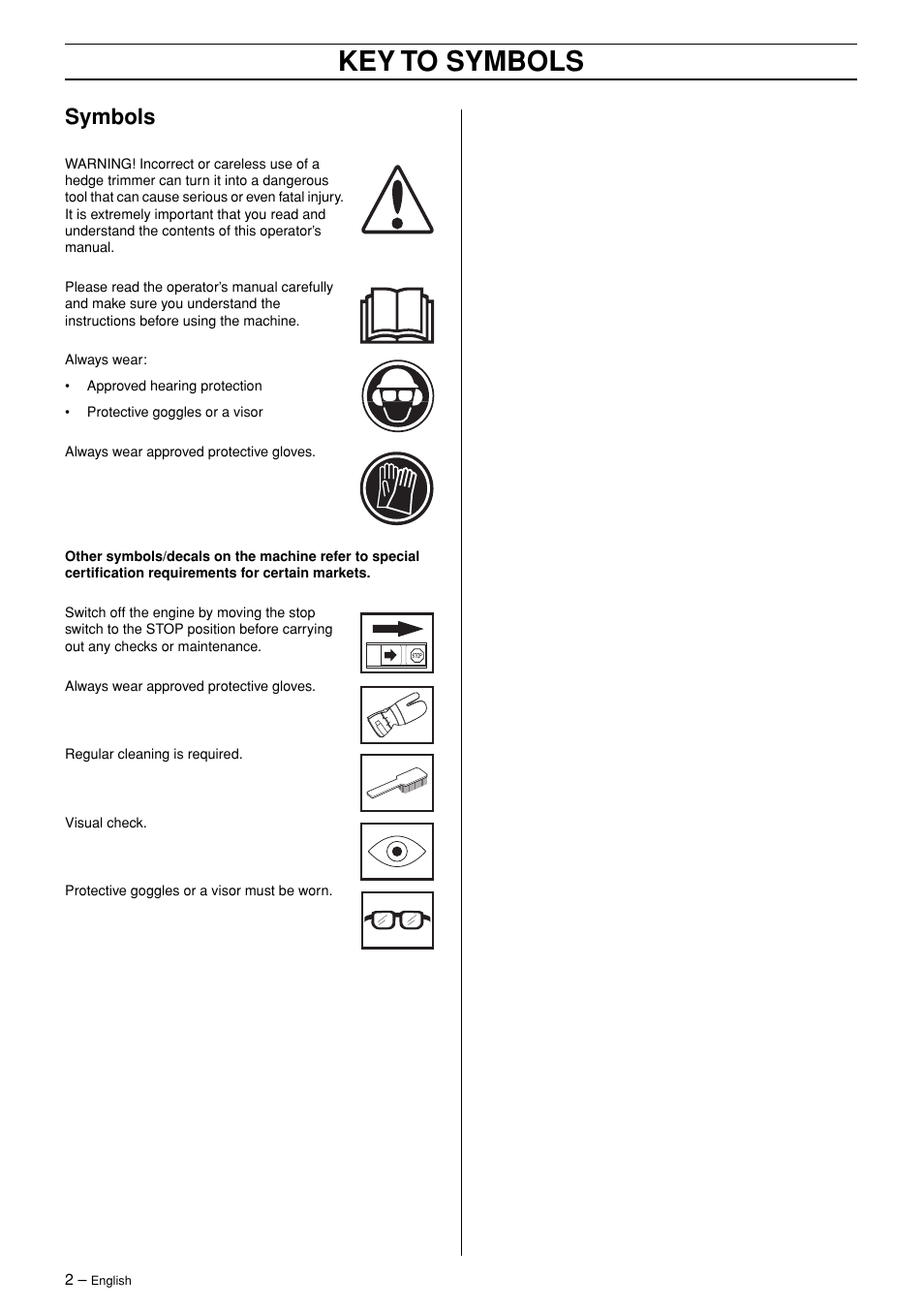 Symbols, Key to symbols | Husqvarna 326HD75 User Manual | Page 2 / 24