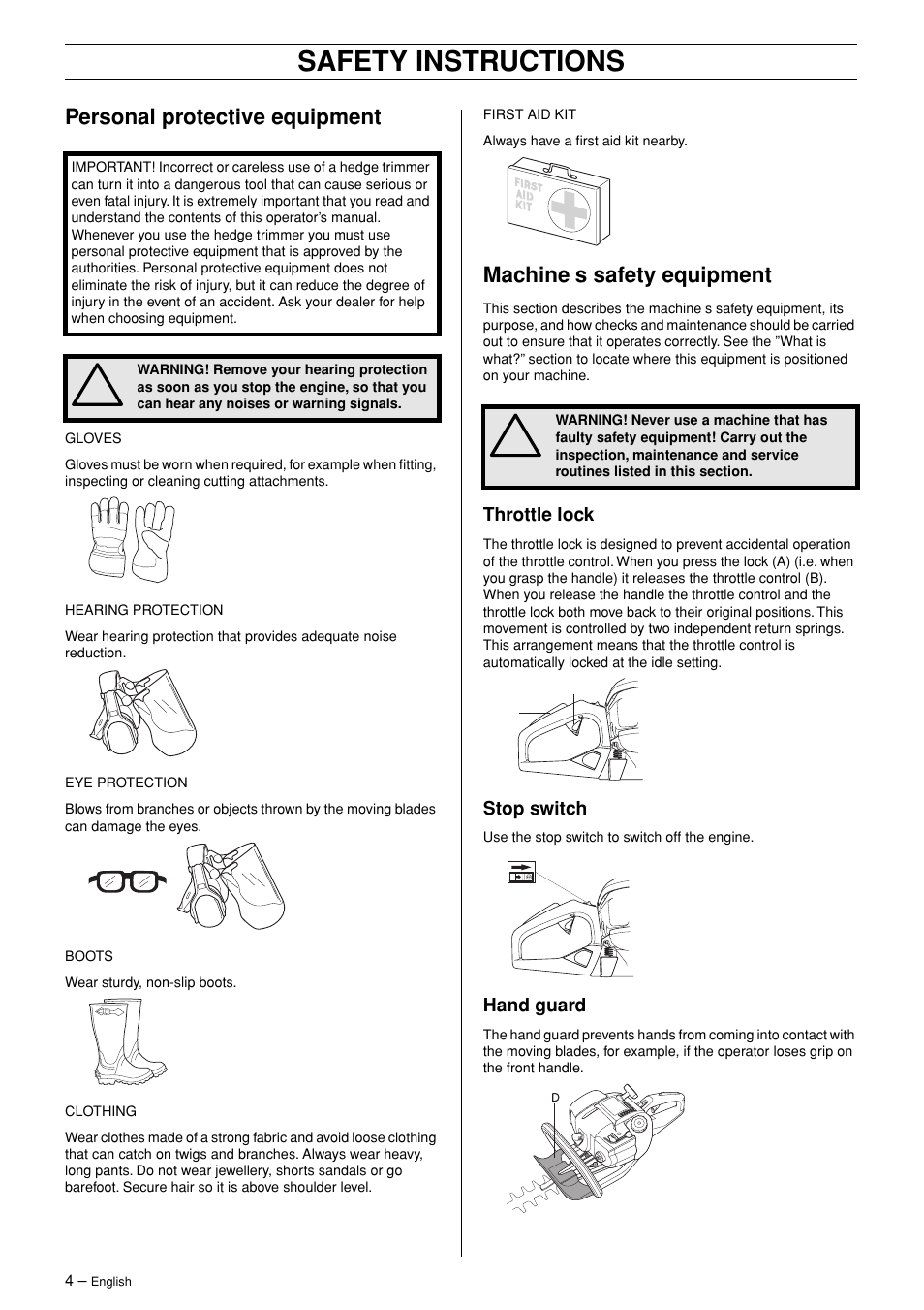 Personal protective equipment, Machine¢s safety equipment, Throttle lock | Stop switch, Hand guard, Safety instructions, Machine ′′′′ s safety equipment | Husqvarna 326HD75 User Manual | Page 4 / 24
