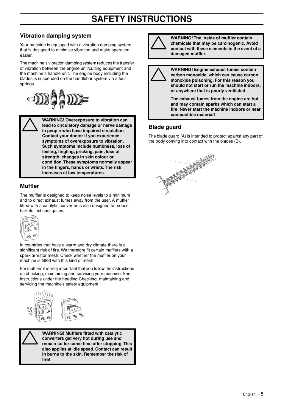 Vibration damping system, Muffler, Blade guard | Safety instructions | Husqvarna 326HD75 User Manual | Page 5 / 24