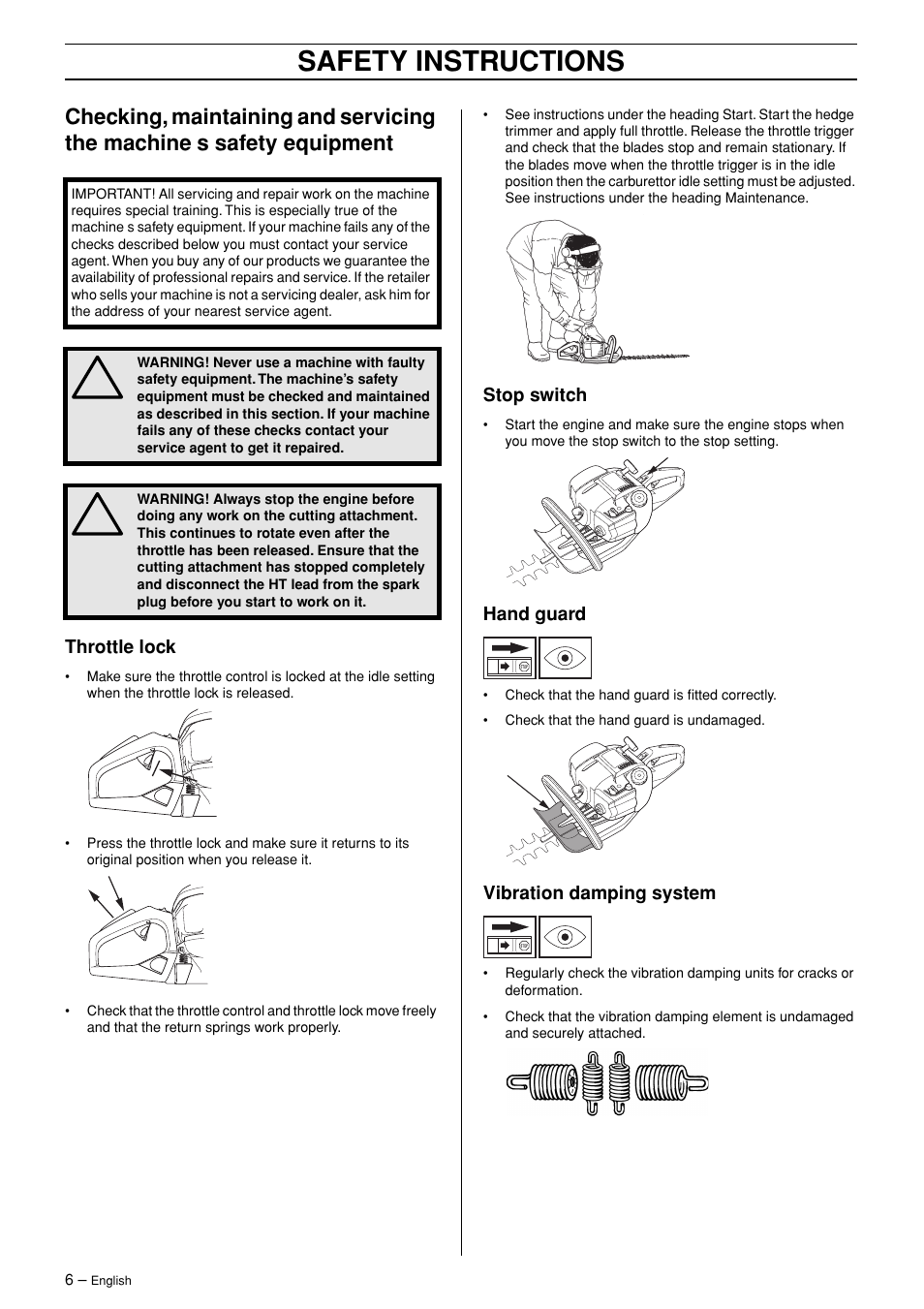 Throttle lock, Stop switch, Hand guard | Vibration damping system, Safety instructions | Husqvarna 326HD75 User Manual | Page 6 / 24