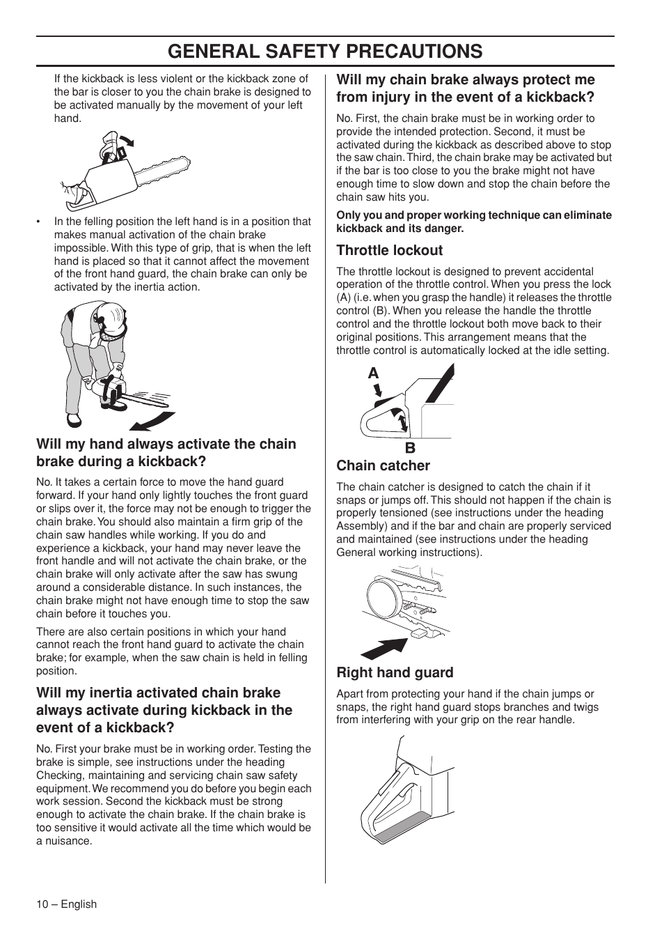 Throttle lockout, Chain catcher, Right hand guard | General safety precautions | Husqvarna 372 XPG User Manual | Page 10 / 44