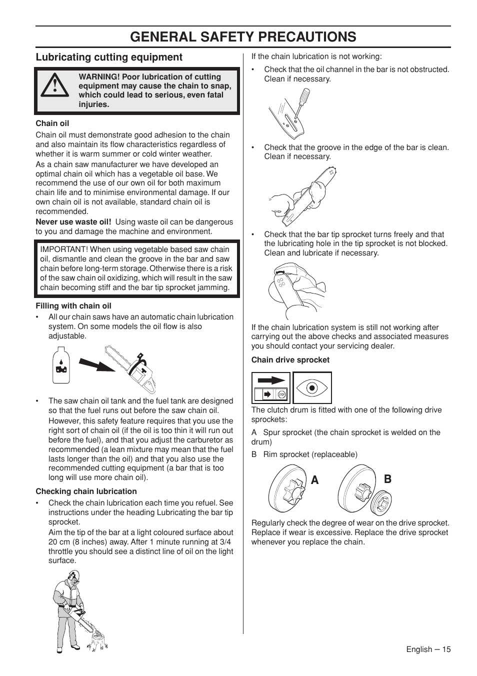 Lubricating cutting equipment, General safety precautions | Husqvarna 372 XPG User Manual | Page 15 / 44