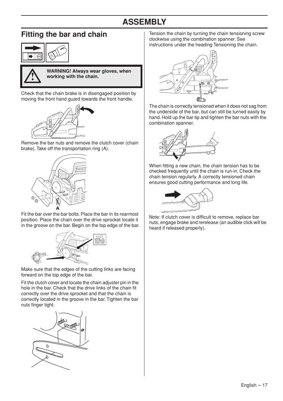 Fitting the bar and chain, Assembly | Husqvarna 372 XPG User Manual | Page 17 / 44