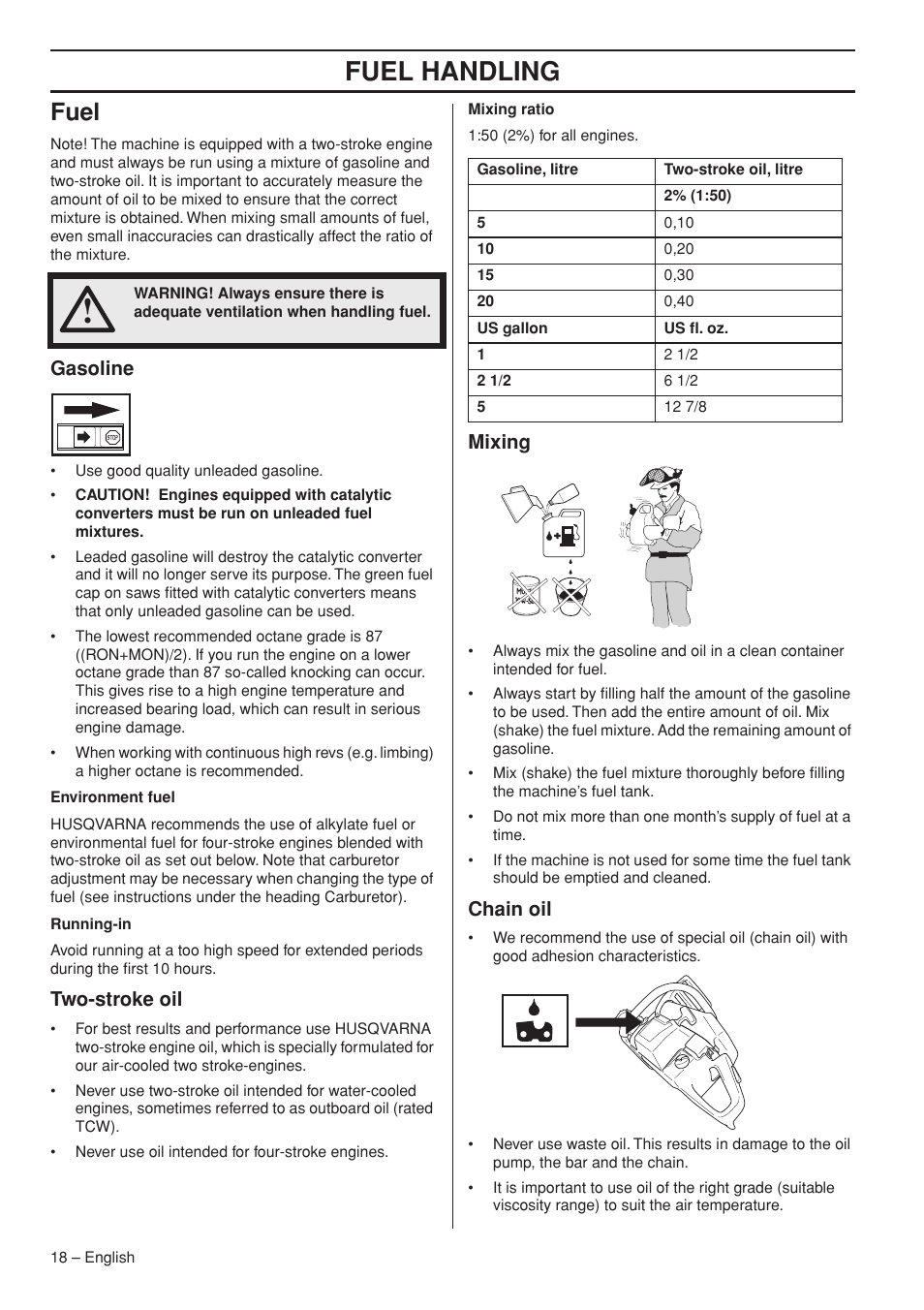 Fuel, Gasoline, Two-stroke oil | Mixing, Chain oil, Fuel handling | Husqvarna 372 XPG User Manual | Page 18 / 44