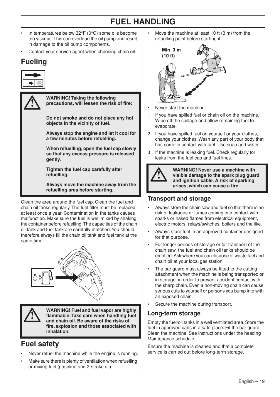Fueling, Fuel safety, Transport and storage | Long-term storage, Fuel handling | Husqvarna 372 XPG User Manual | Page 19 / 44