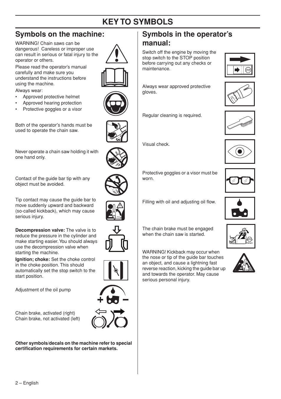 Symbols on the machine, Symbols in the operator’s manual, Key t o symbols | Symbols on the mac hine, Symbols in the operator’ s manual | Husqvarna 372 XPG User Manual | Page 2 / 44
