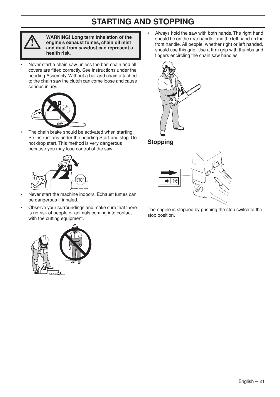 Stopping, Starting and stopping | Husqvarna 372 XPG User Manual | Page 21 / 44