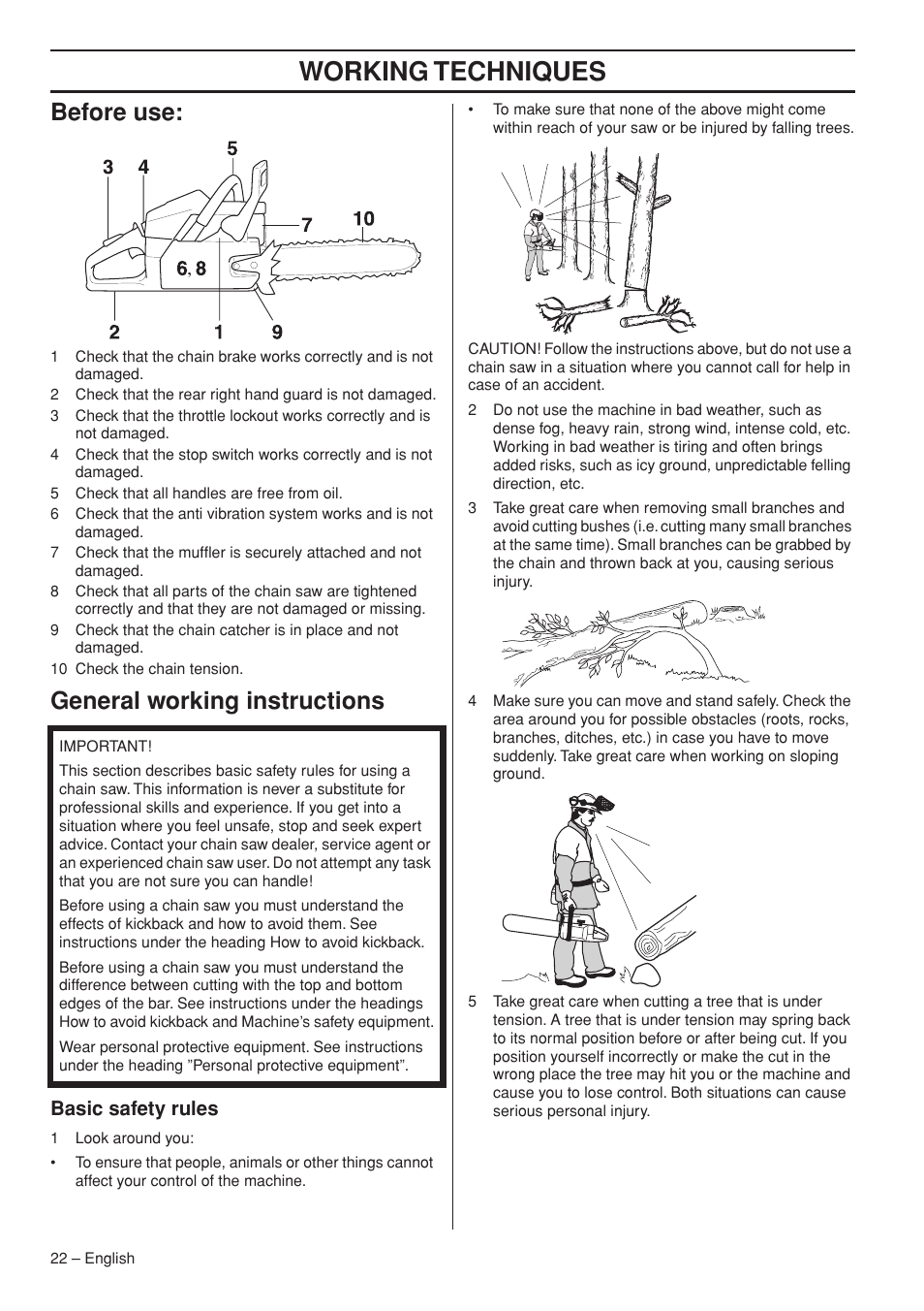 Before use, General working instructions, Basic safety rules | Working techniques | Husqvarna 372 XPG User Manual | Page 22 / 44