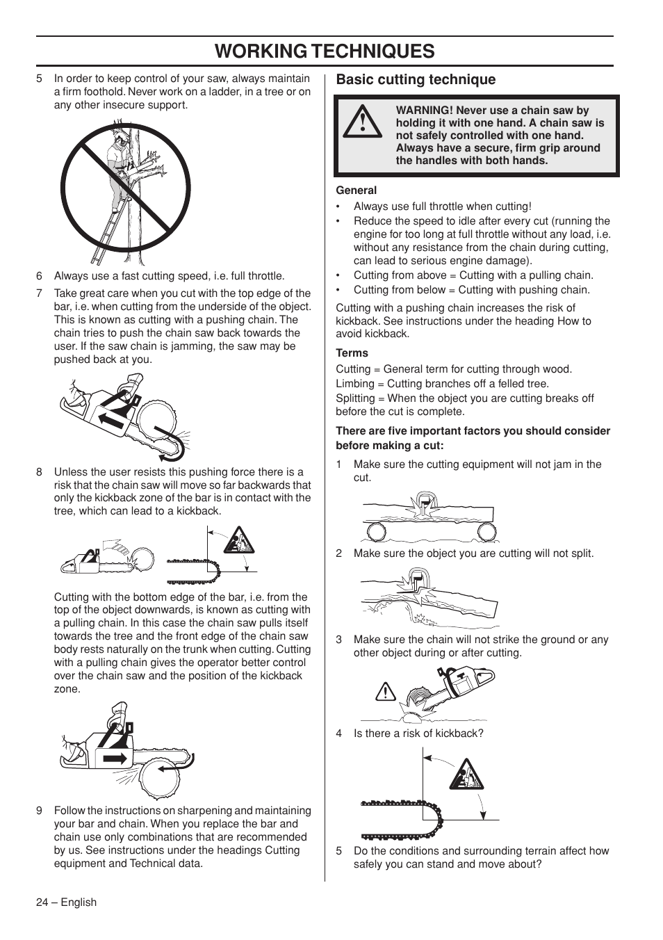 Basic cutting technique, Working techniques | Husqvarna 372 XPG User Manual | Page 24 / 44