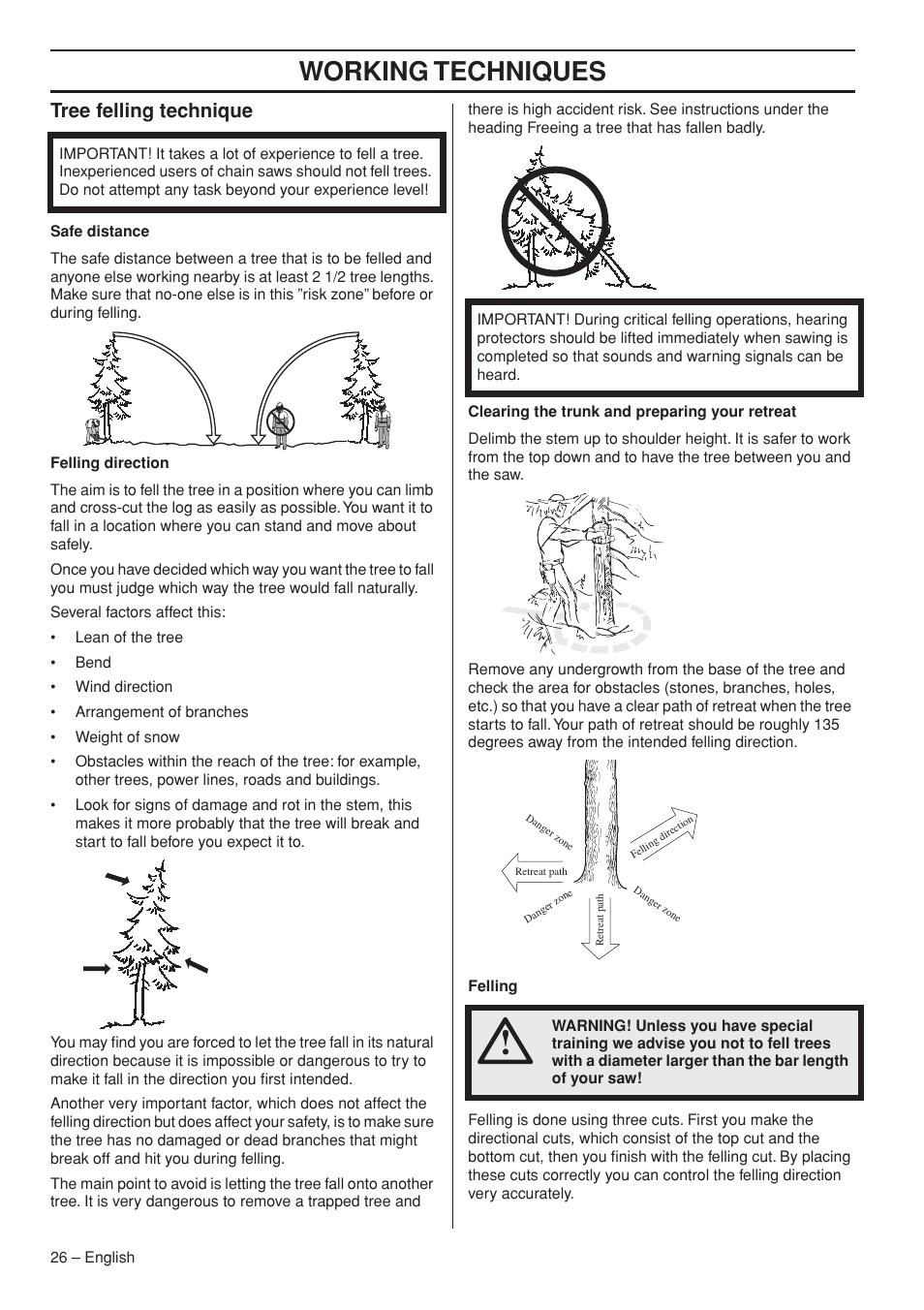 Tree felling technique, Working techniques | Husqvarna 372 XPG User Manual | Page 26 / 44