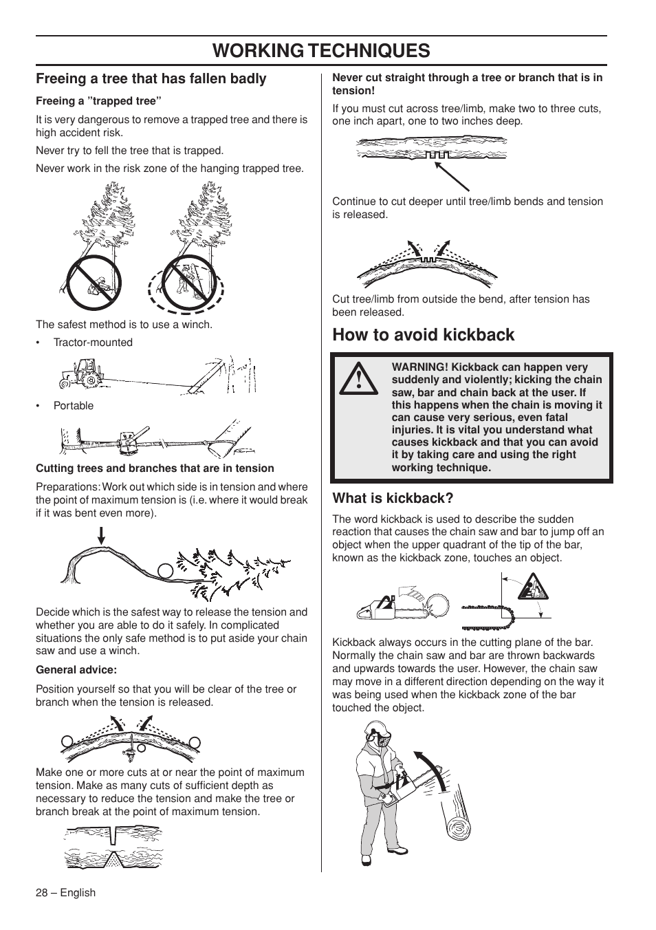 Freeing a tree that has fallen badly, How to avoid kickback, What is kickback | Working techniques | Husqvarna 372 XPG User Manual | Page 28 / 44