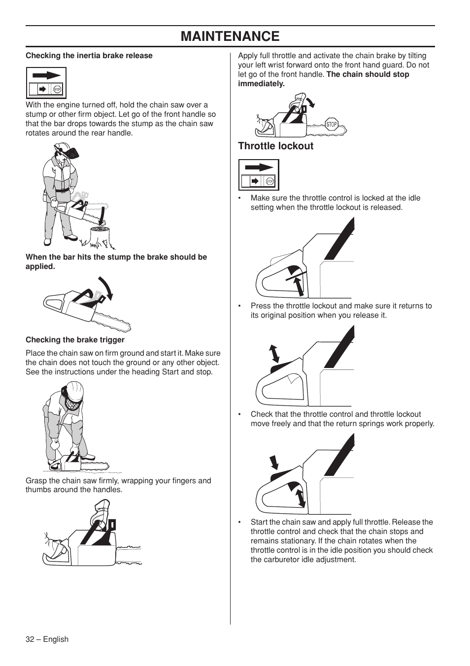 Throttle lockout, Maintenance | Husqvarna 372 XPG User Manual | Page 32 / 44