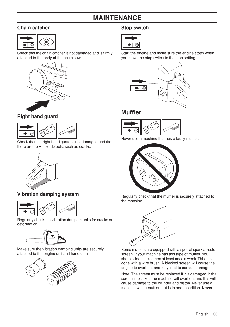 Chain catcher, Right hand guard, Vibration damping system | Stop switch, Muffler, Maintenance | Husqvarna 372 XPG User Manual | Page 33 / 44