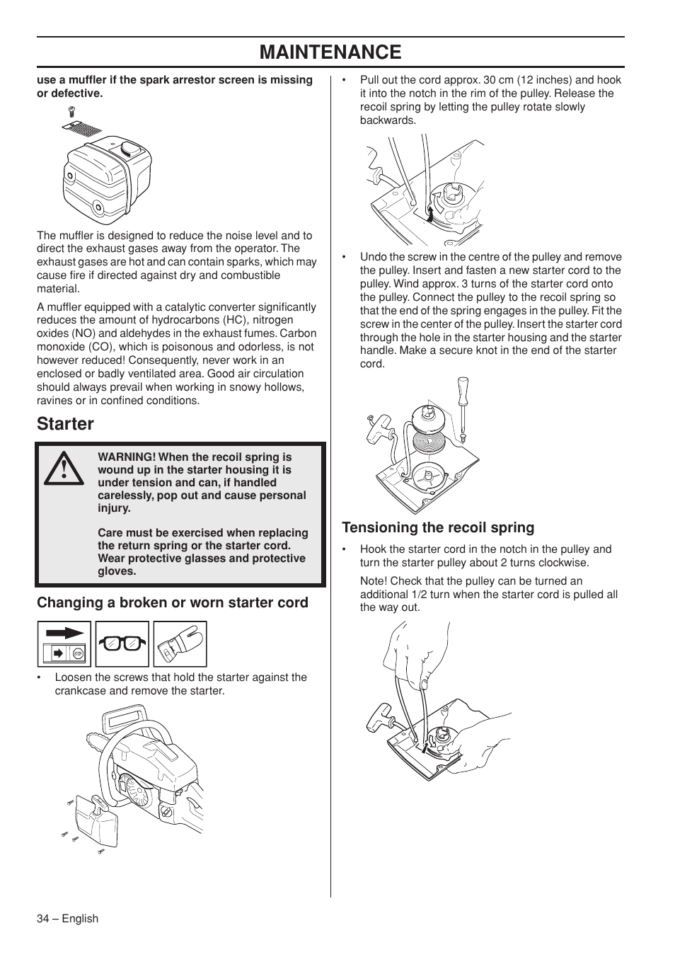 Starter, Changing a broken or worn starter cord, Tensioning the recoil spring | Maintenance | Husqvarna 372 XPG User Manual | Page 34 / 44