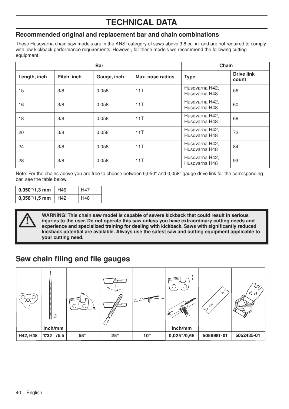 Saw chain filing and file gauges, Technical data | Husqvarna 372 XPG User Manual | Page 40 / 44