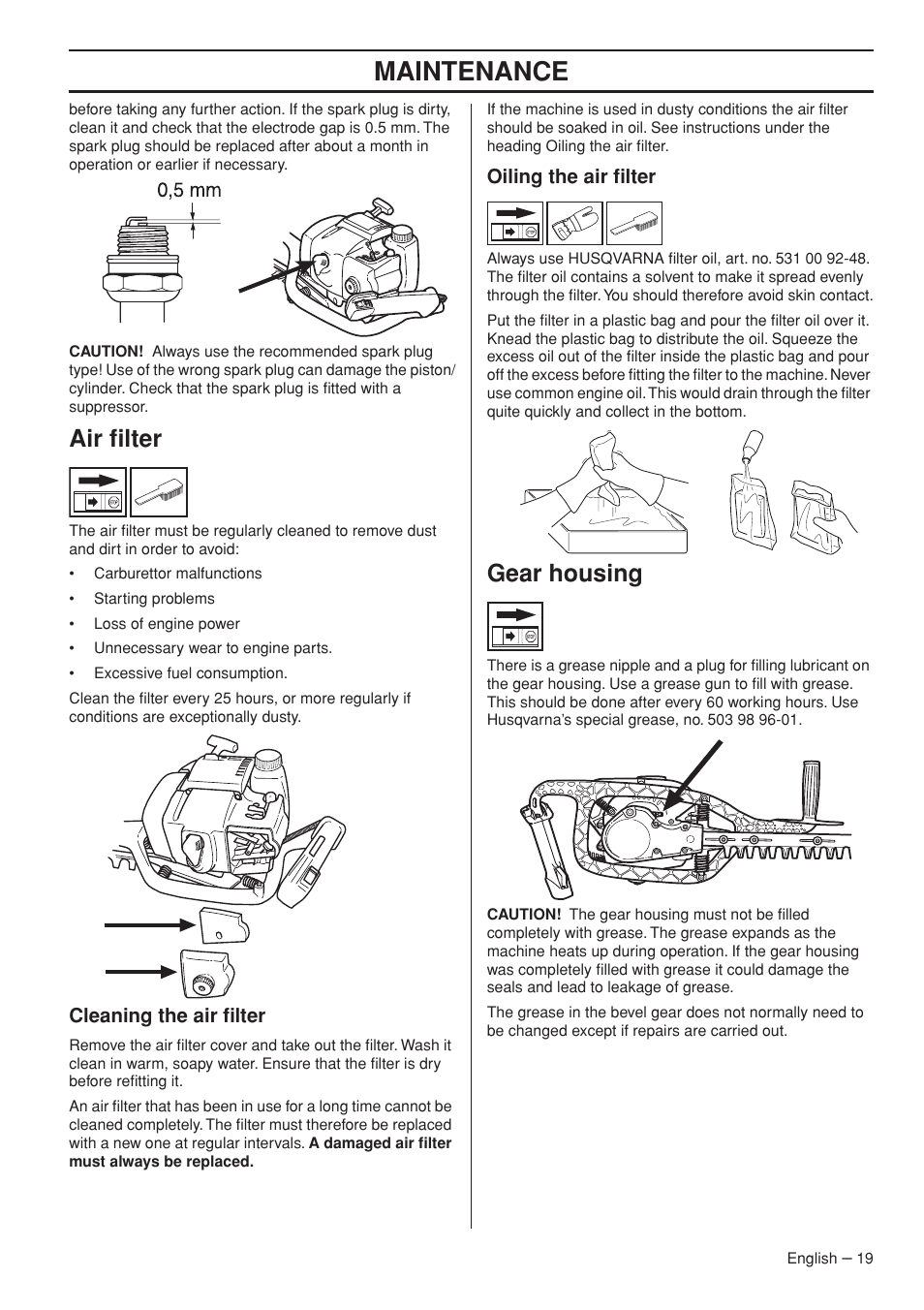 Air filter, Cleaning the air filter, Oiling the air filter | Gear housing, Maintenance | Husqvarna 325HS99X EN User Manual | Page 19 / 28