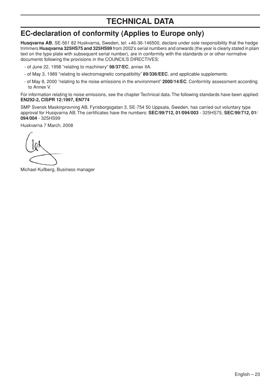Technical data | Husqvarna 325HS99X EN User Manual | Page 23 / 28