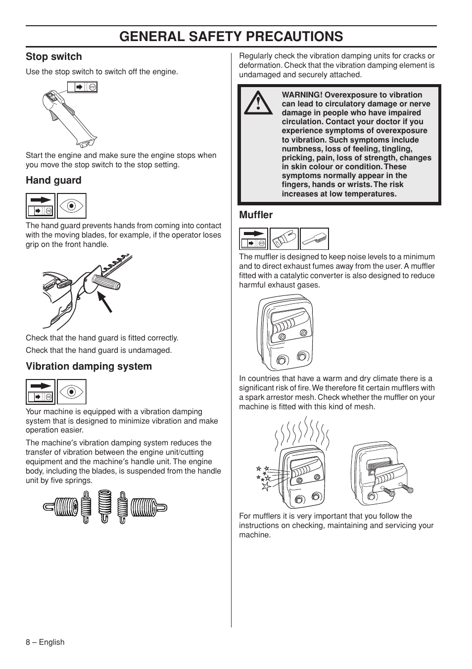 Stop switch, Hand guard, Vibration damping system | Muffler, General safety preca utions | Husqvarna 325HS99X EN User Manual | Page 8 / 28