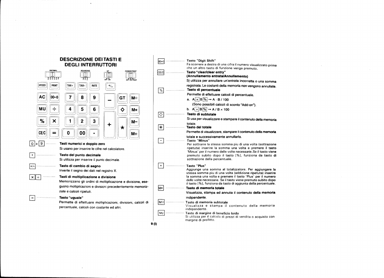 Descrizione dei tasti e degli interruttori, Ac mu, 00 o m* m- m | CITIZEN CX-80 User Manual | Page 10 / 32