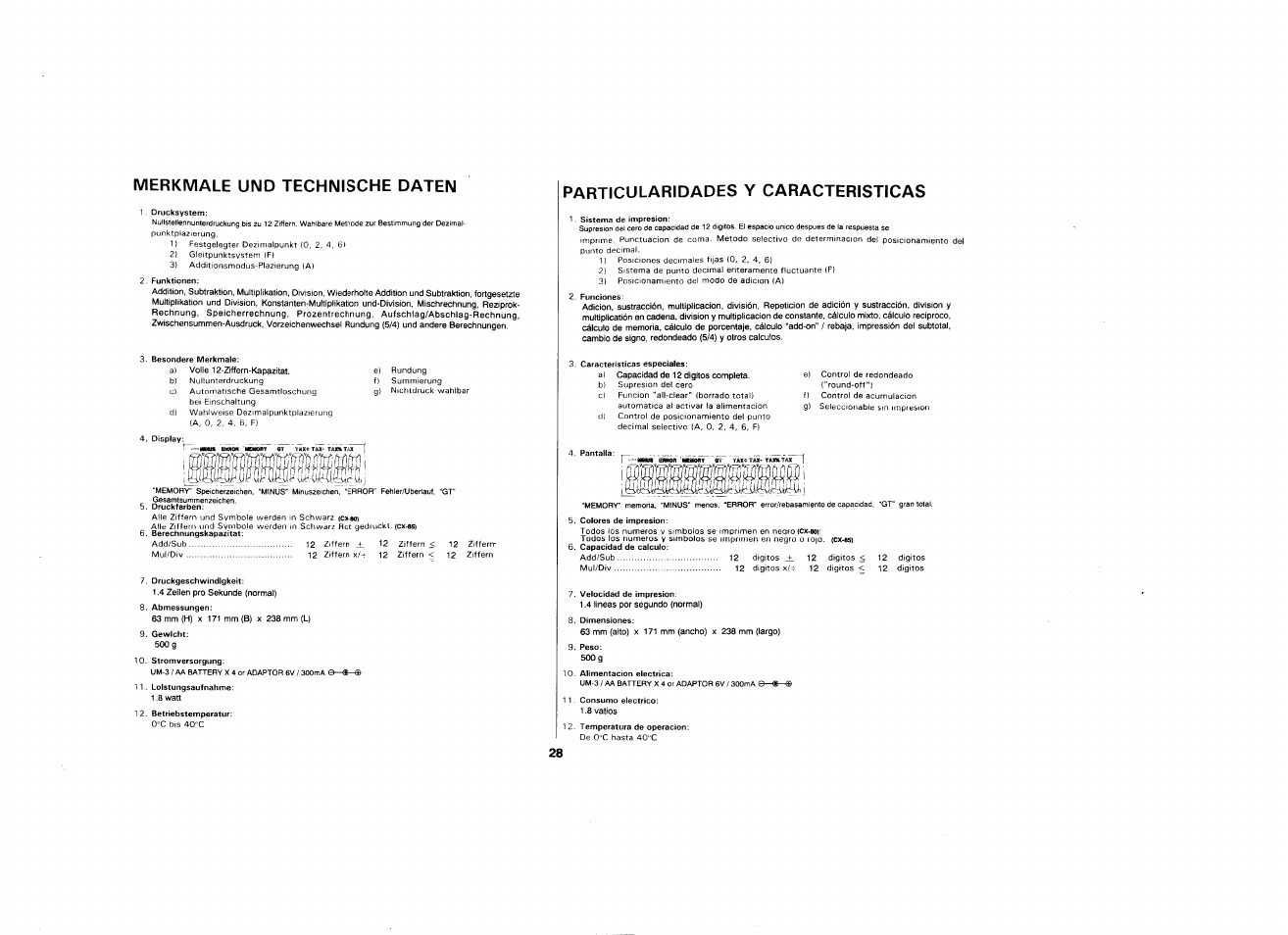 Merkmale und technische daten, Particularidades y caracteristicas | CITIZEN CX-80 User Manual | Page 29 / 32
