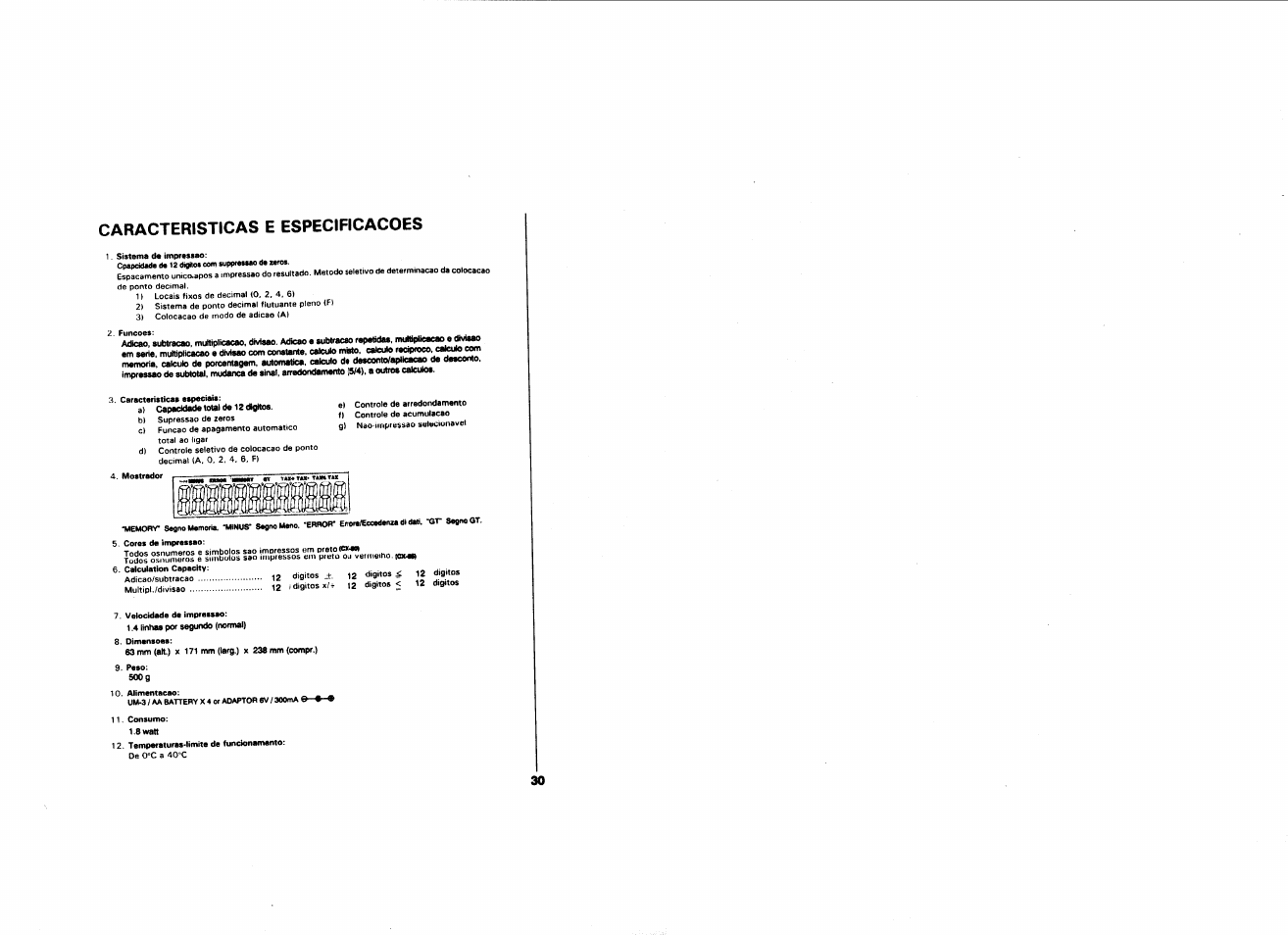 Caracteristicas e especificacoes | CITIZEN CX-80 User Manual | Page 31 / 32