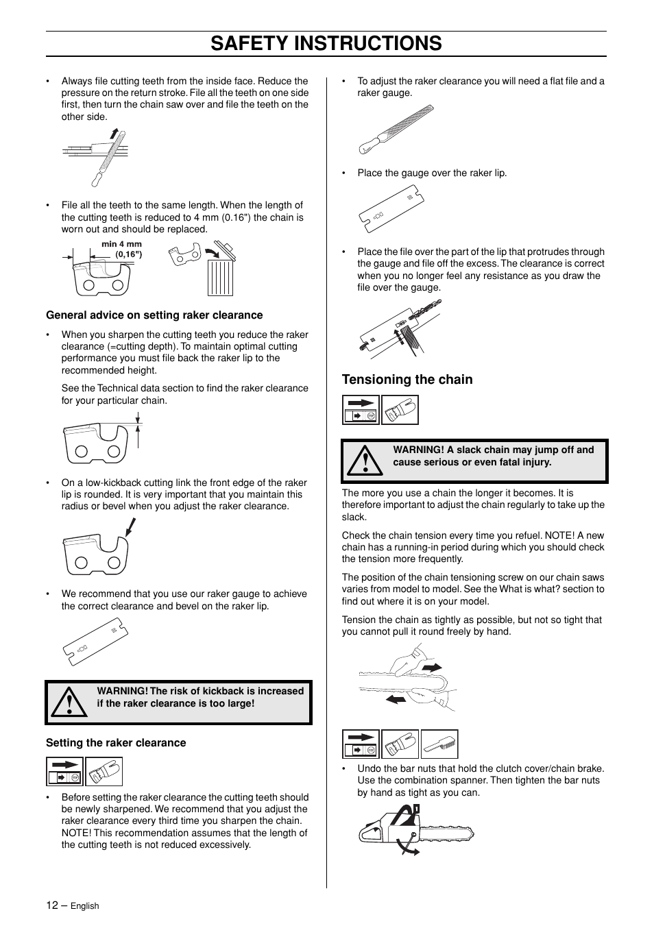 Tensioning the chain, Safety instructions | Husqvarna 365 User Manual | Page 12 / 40