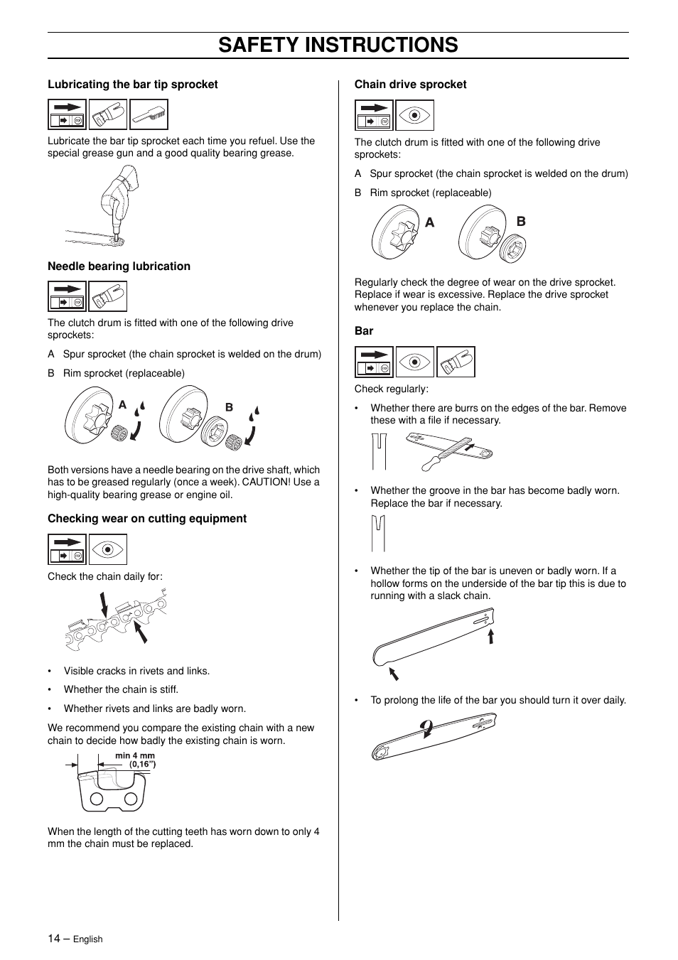 Safety instructions | Husqvarna 365 User Manual | Page 14 / 40