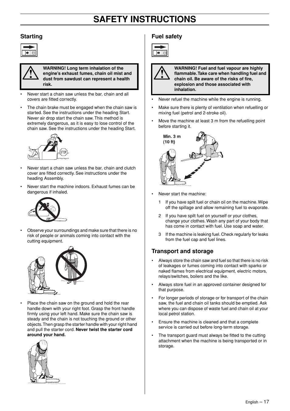 Starting, Fuel safety, Transport and storage | Safety instructions | Husqvarna 365 User Manual | Page 17 / 40