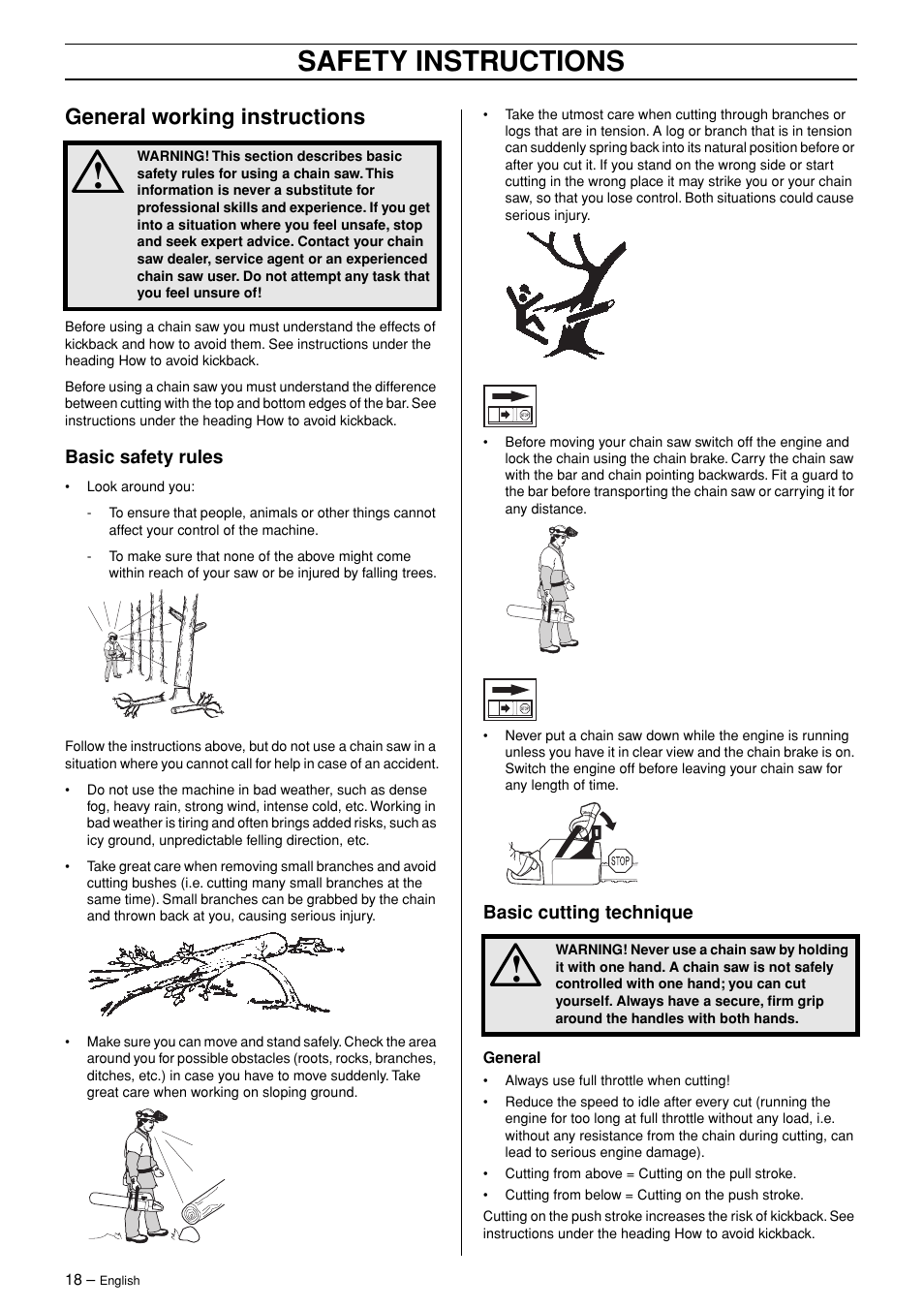 General working instructions, Basic safety rules, Basic cutting technique | Safety instructions | Husqvarna 365 User Manual | Page 18 / 40