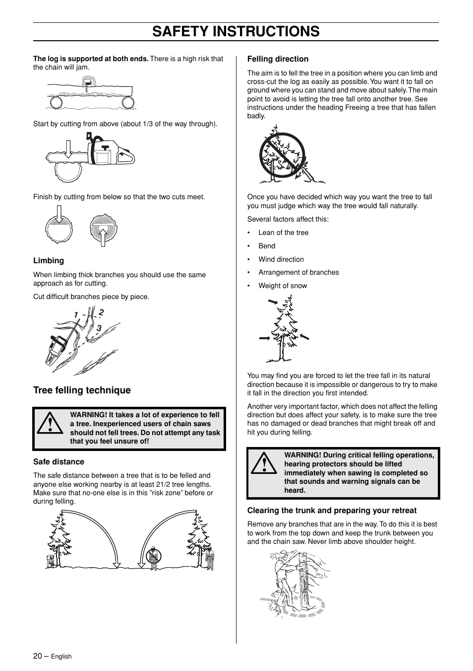 Tree felling technique, Safety instructions | Husqvarna 365 User Manual | Page 20 / 40