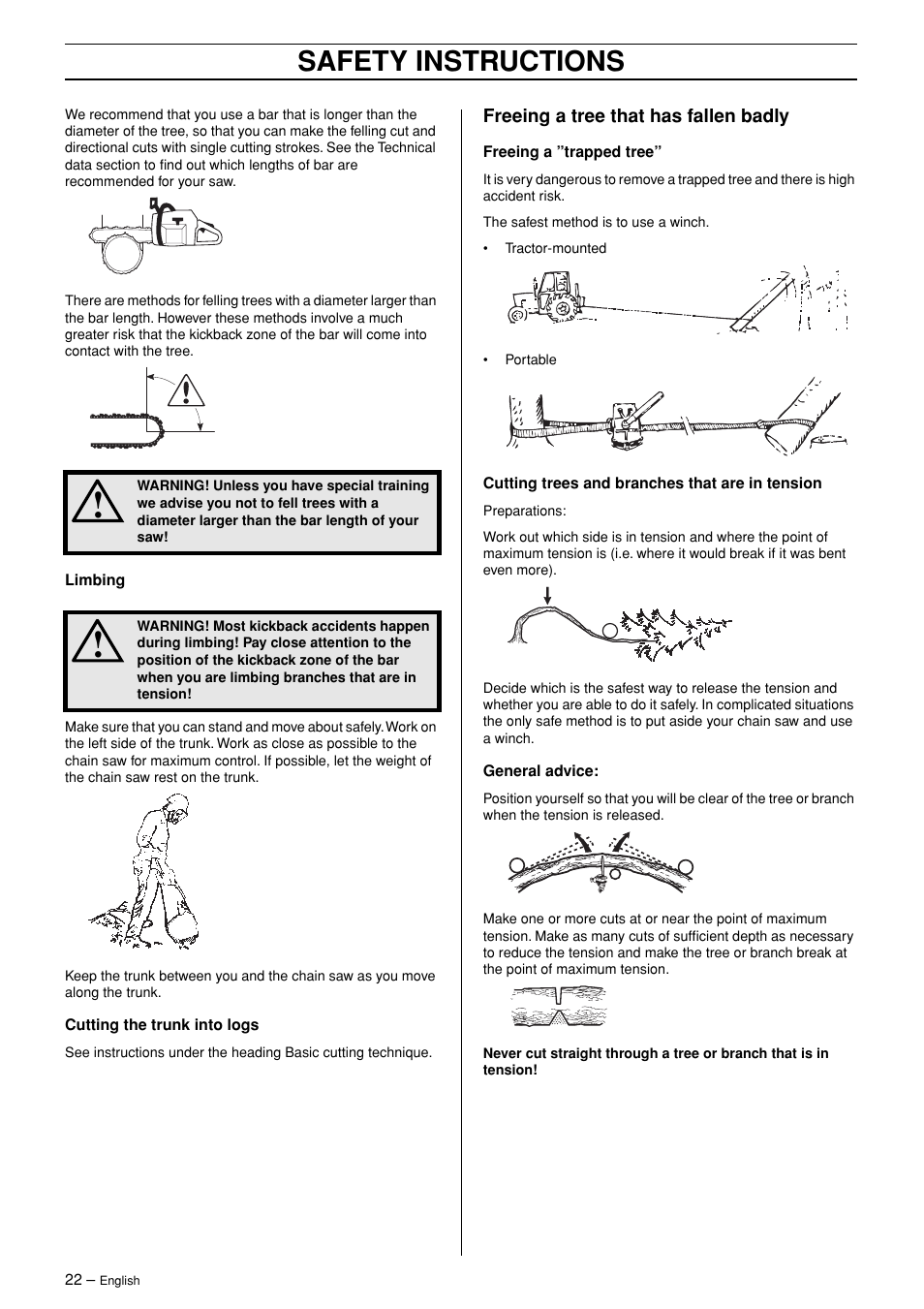 Freeing a tree that has fallen badly, Safety instructions | Husqvarna 365 User Manual | Page 22 / 40