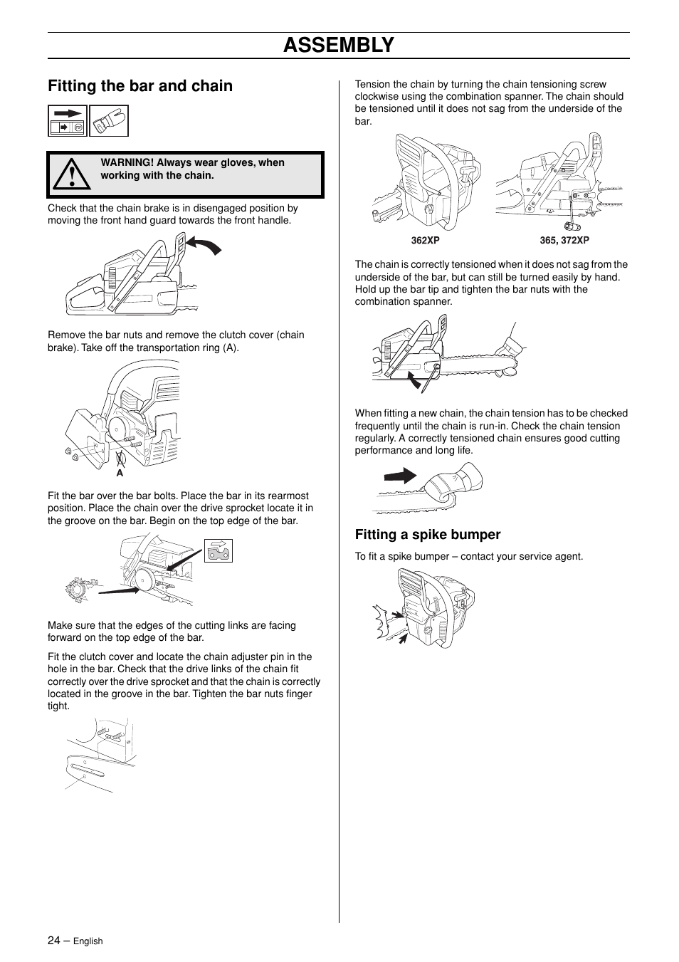 Fitting the bar and chain, Fitting a spike bumper, Assembly | Husqvarna 365 User Manual | Page 24 / 40