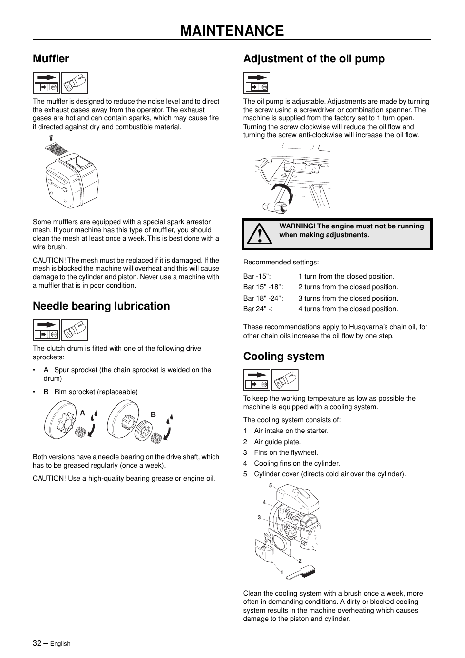 Muffler, Needle bearing lubrication, Adjustment of the oil pump | Cooling system, Maintenance | Husqvarna 365 User Manual | Page 32 / 40
