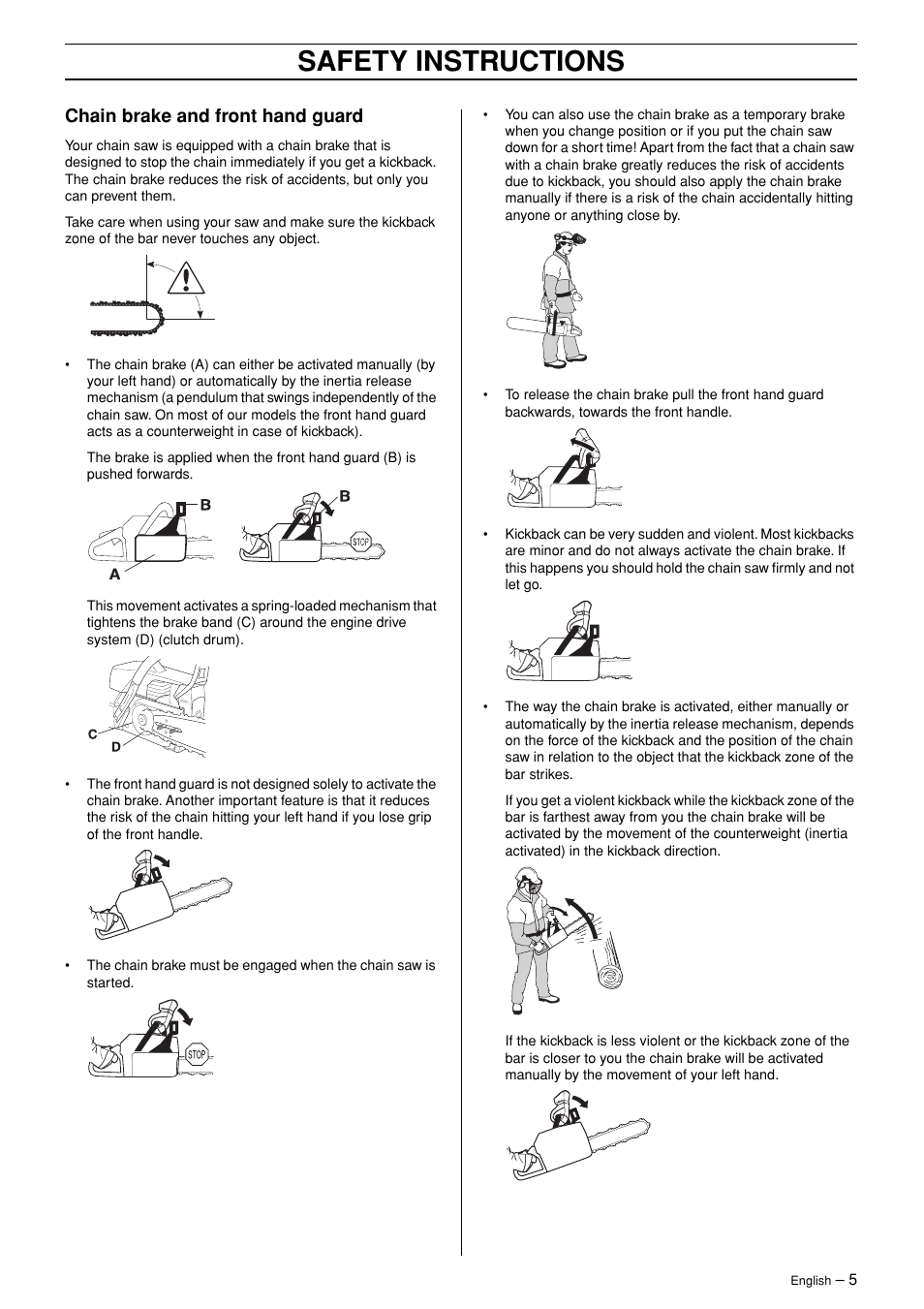 Chain brake and front hand guard, Safety instructions | Husqvarna 365 User Manual | Page 5 / 40