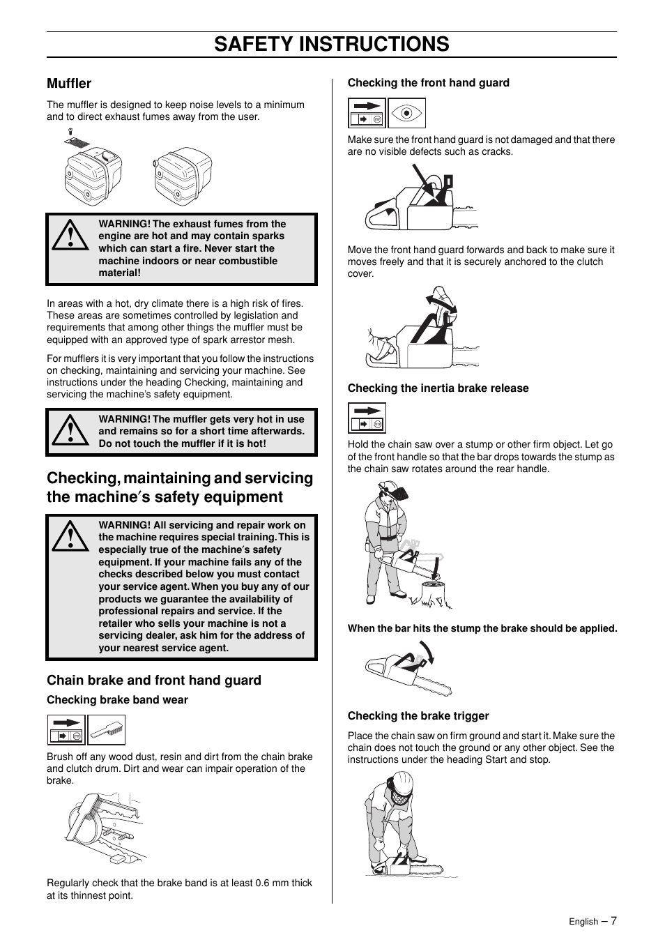 Muffler, Chain brake and front hand guard, Safety instructions | Husqvarna 365 User Manual | Page 7 / 40