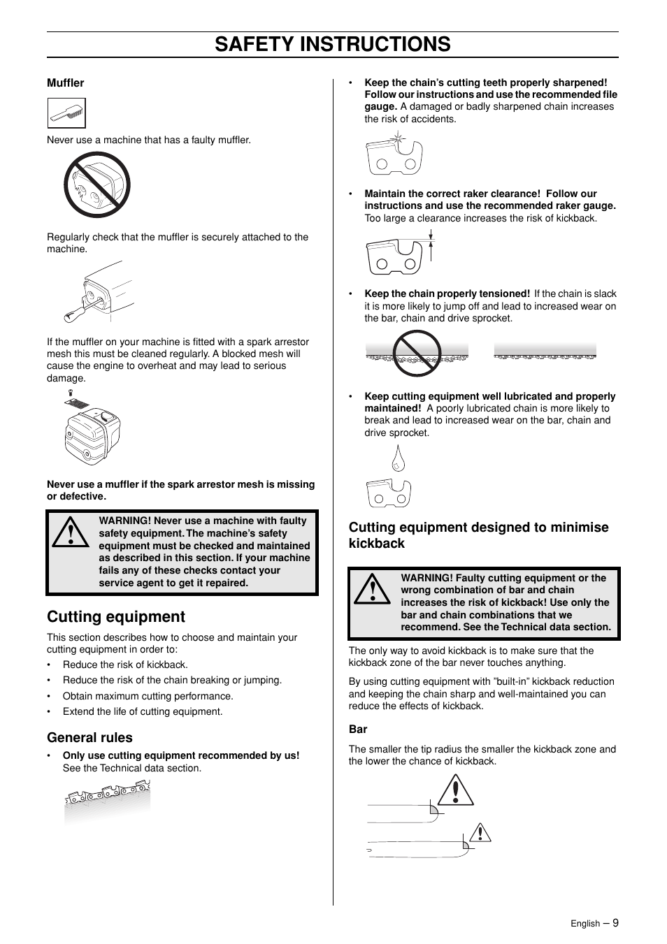 Cutting equipment, General rules, Cutting equipment designed to minimise kickback | Safety instructions | Husqvarna 365 User Manual | Page 9 / 40
