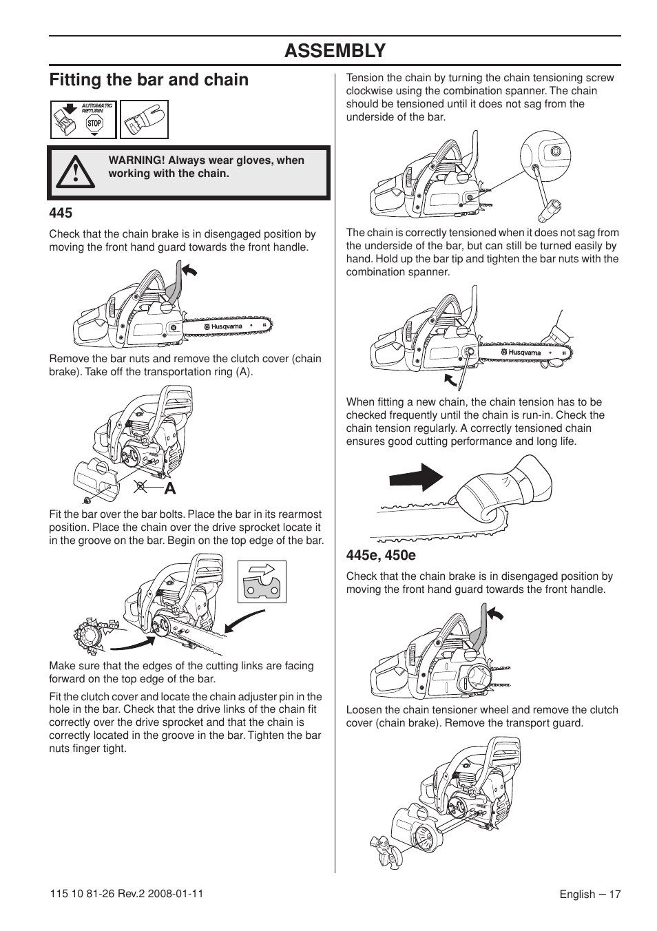 Fitting the bar and chain, 445e, 450e, Assembly | Husqvarna 445 User Manual | Page 17 / 44