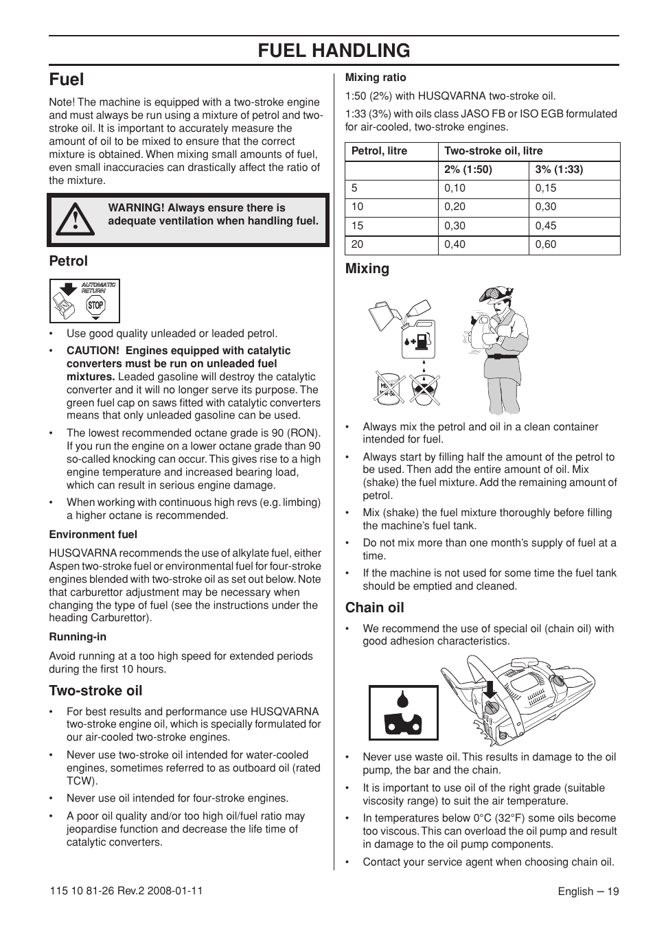 Fuel, Petrol, Two-stroke oil | Mixing, Chain oil, Fuel handling | Husqvarna 445 User Manual | Page 19 / 44