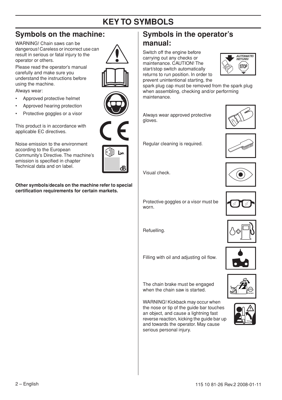 Symbols on the machine, Symbols in the operator’s manual, Key t o symbols | Symbols on the mac hine, Symbols in the operator’ s manual | Husqvarna 445 User Manual | Page 2 / 44