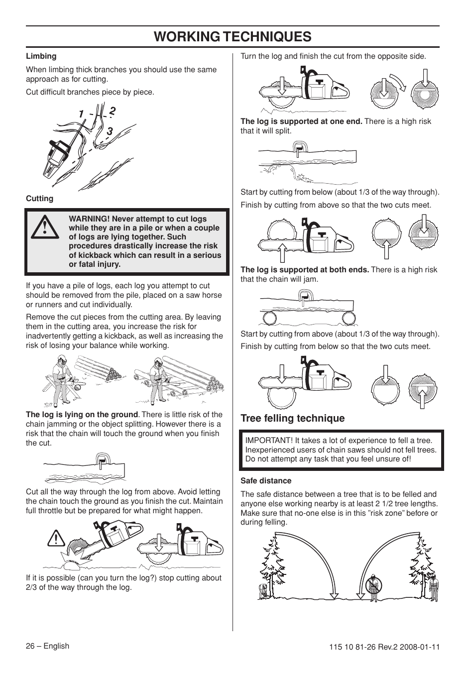 Tree felling technique, Working techniques | Husqvarna 445 User Manual | Page 26 / 44