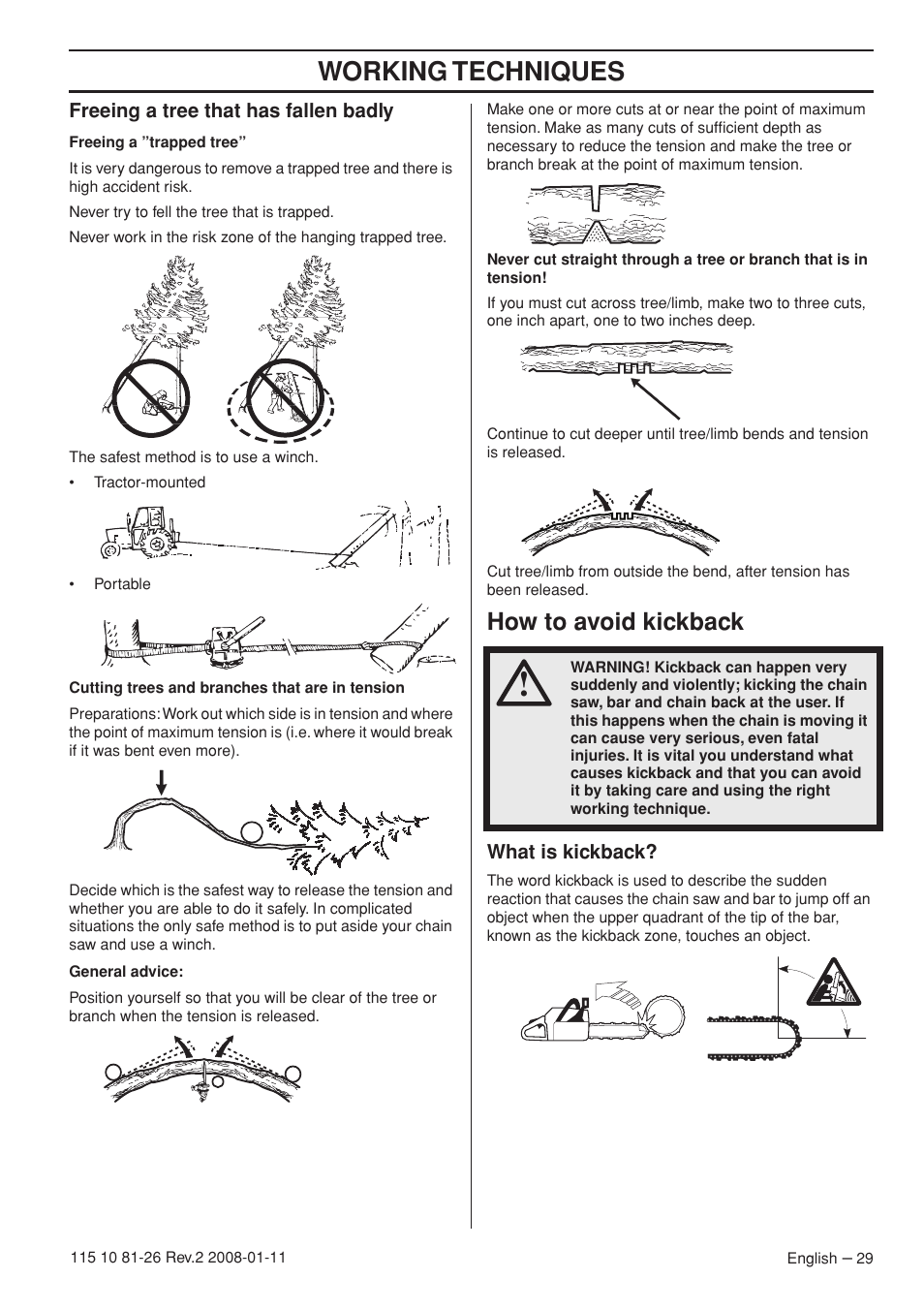 Freeing a tree that has fallen badly, How to avoid kickback, What is kickback | Working techniques | Husqvarna 445 User Manual | Page 29 / 44
