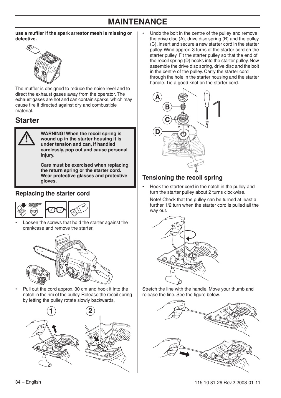 Starter, Replacing the starter cord, Tensioning the recoil spring | Maintenance | Husqvarna 445 User Manual | Page 34 / 44