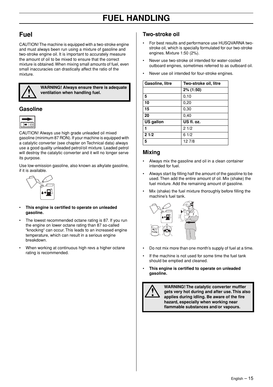 Fuel, Gasoline, Two-stroke oil | Mixing, Fuel handling | Husqvarna 326RJX-Series User Manual | Page 15 / 36