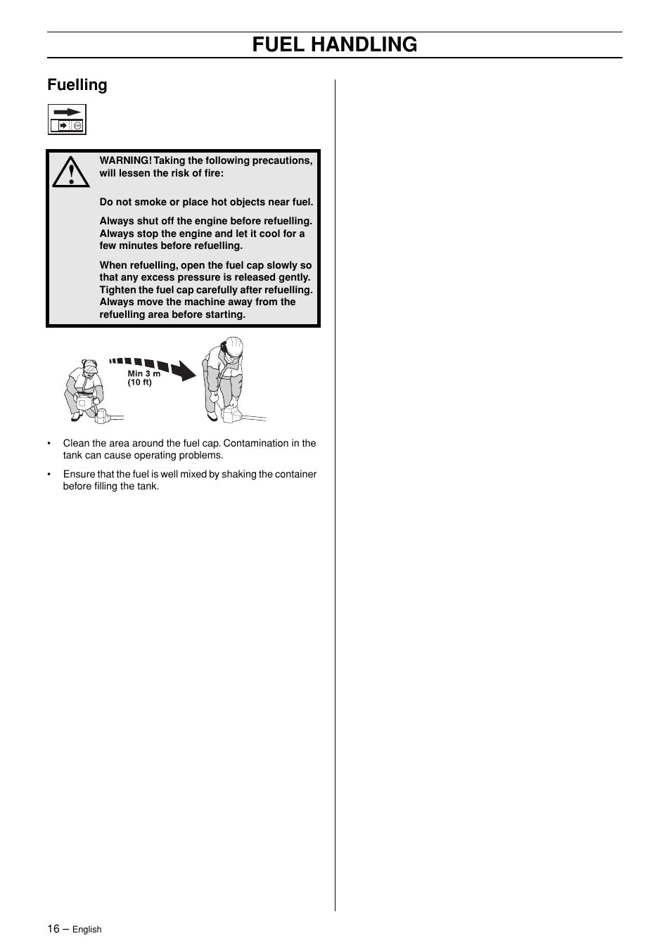 Fuelling, Fuel handling | Husqvarna 326RJX-Series User Manual | Page 16 / 36